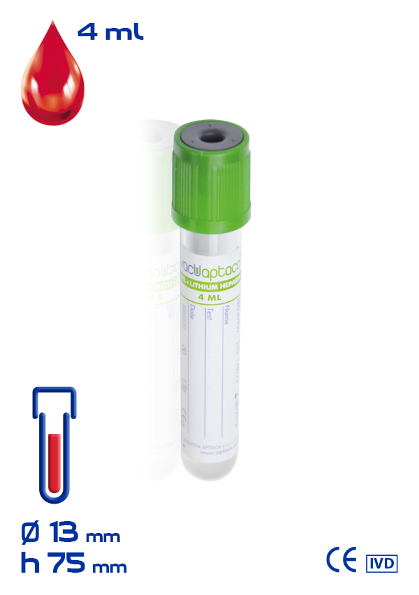 Вакуумна пробірка з літій гепарином з ПЕT, об. 6 ml (мл), діаметр 13 x 100 mm (мм), стерильна, зелена кришка та етикетка (100 шт/уп) (30802)